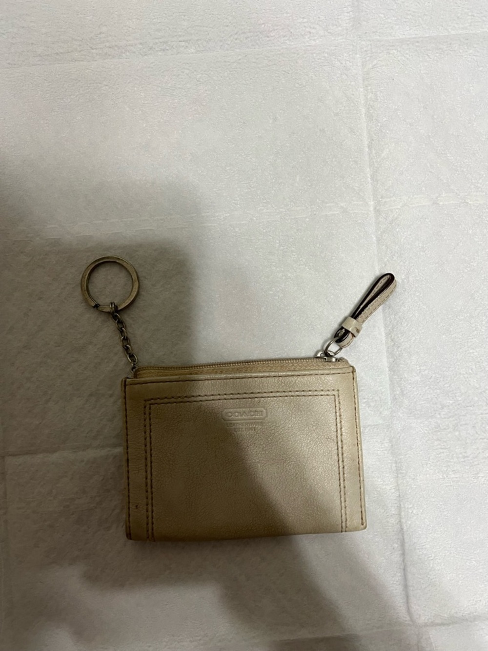 Coach Beige Leather Wristlet Card Case with Key Ring